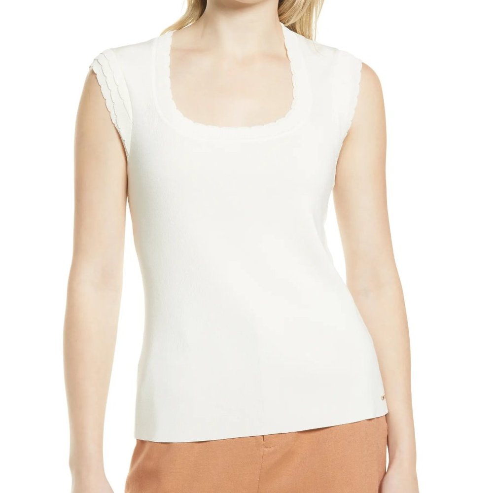 NWT Ted Baker Natural White Scallops Sweater Top US 12 U-neck Short Sleeve